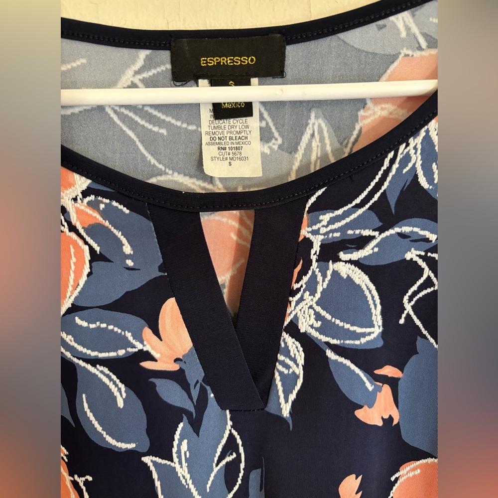 Espresso sleeveless blue and orange floral midi dress with small V neck Size S - Picture 3 of 5